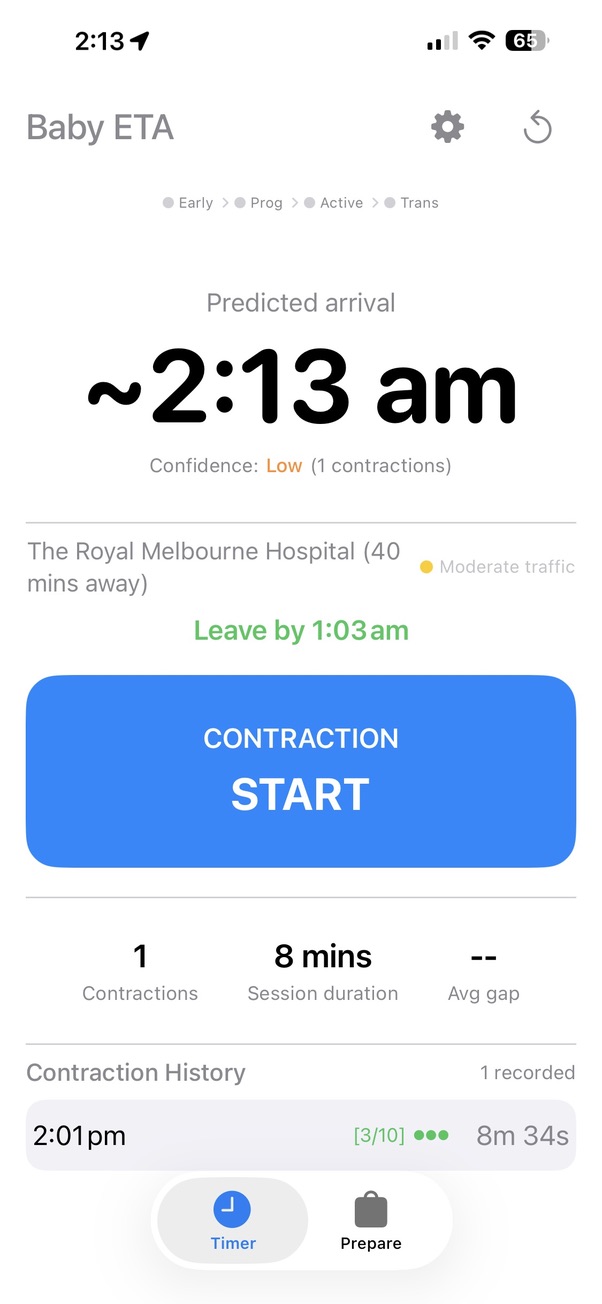Early labour phase with first contraction