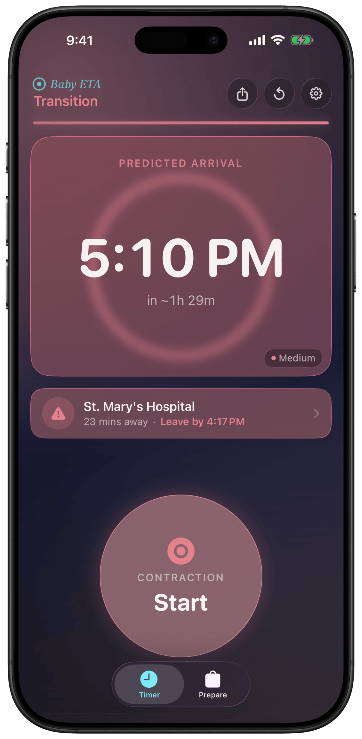 Baby ETA showing GO TO HOSPITAL NOW alert with predicted arrival time