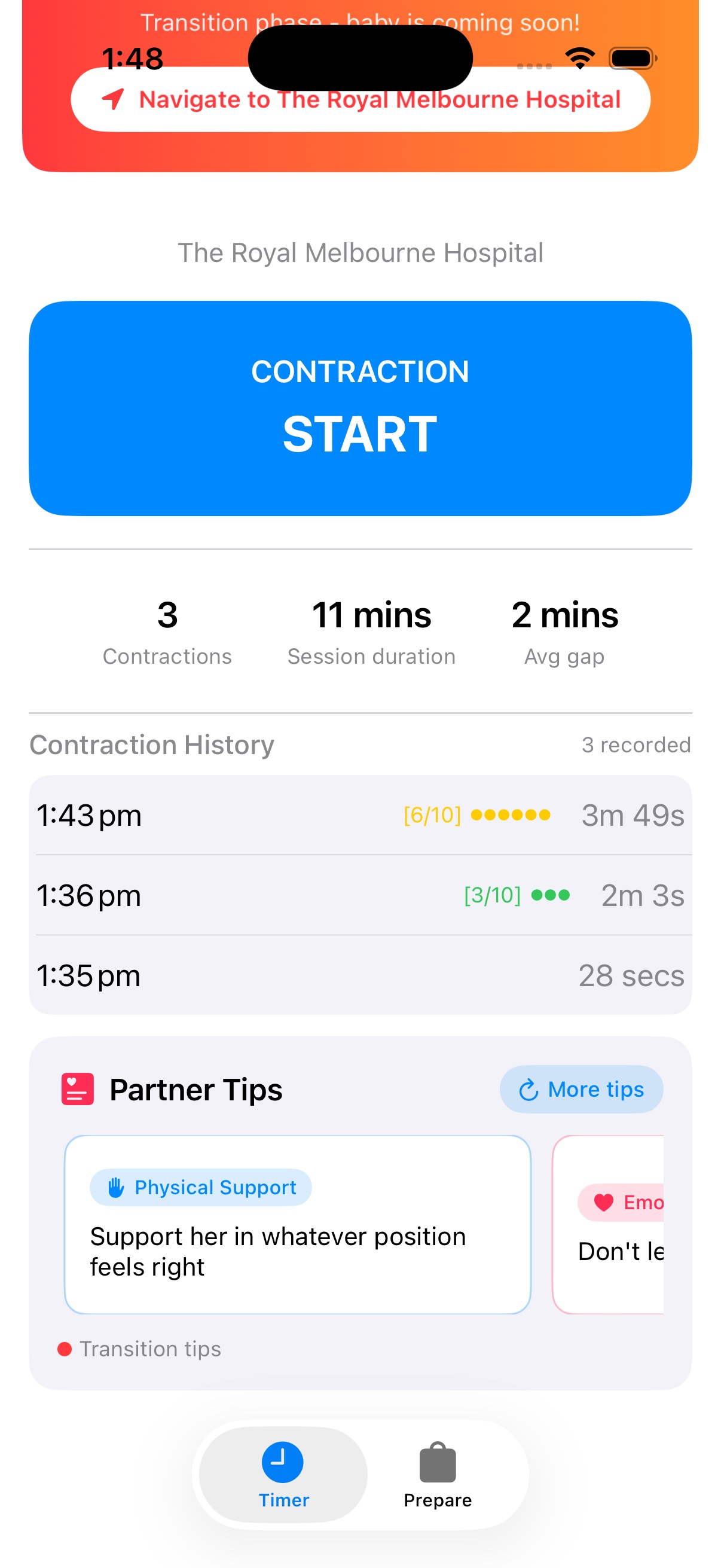 Baby ETA showing Partner Tips and contraction history