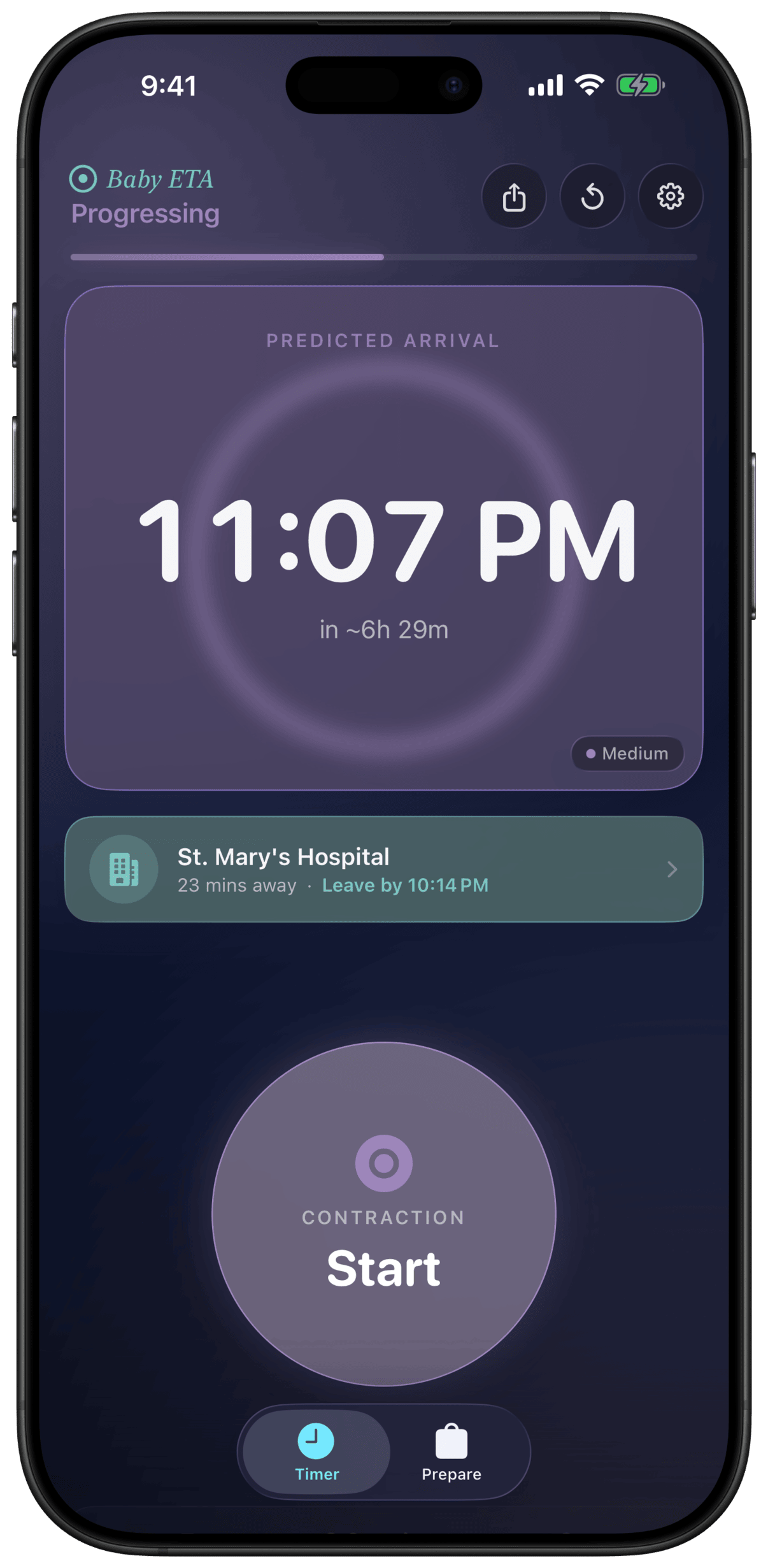 Baby ETA showing Partner Tips and contraction history