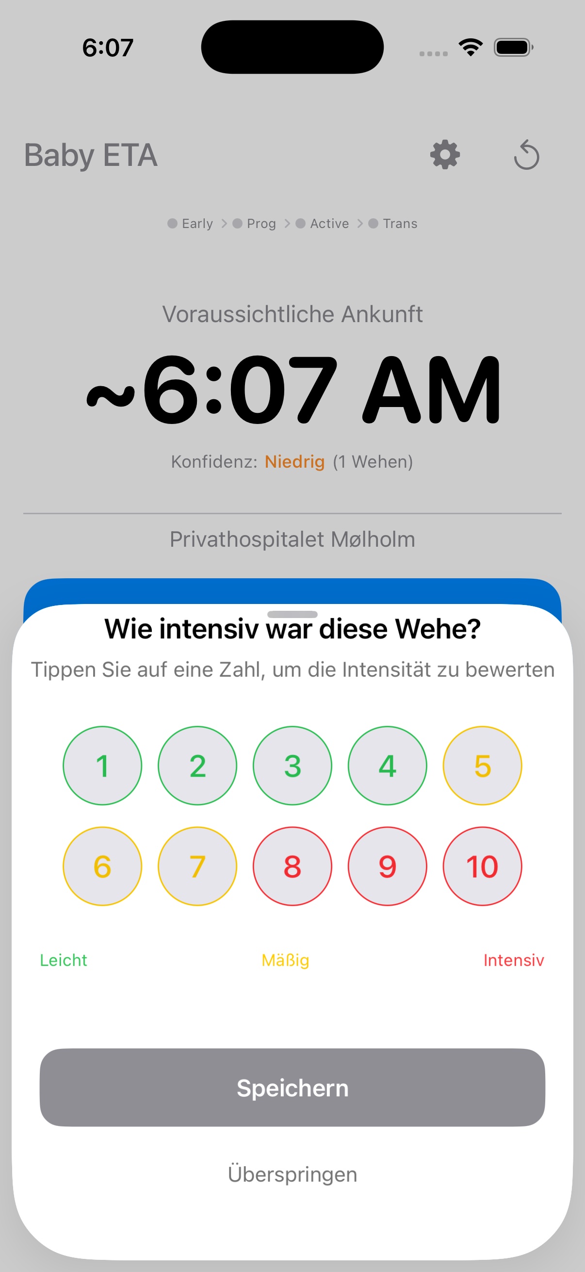Bildschirm zur Bewertung der Wehenintensität