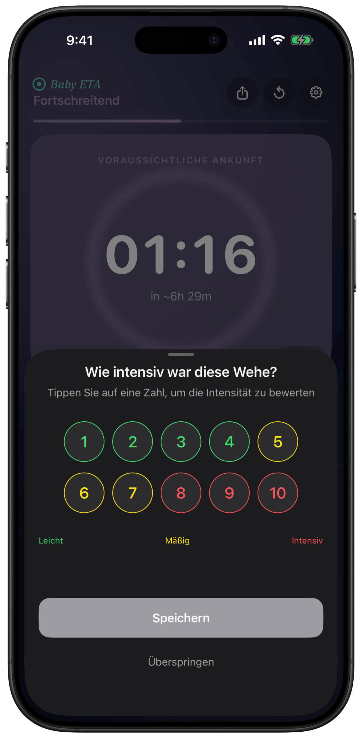 Bildschirm zur Bewertung der Wehenintensität