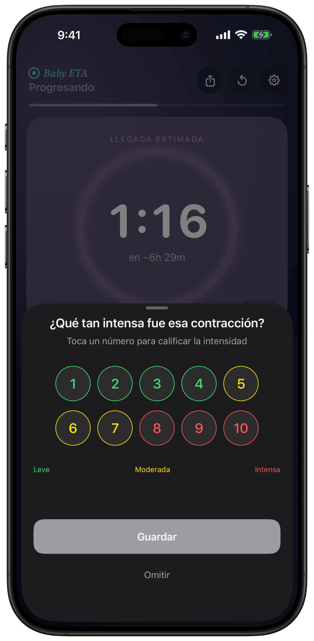 Pantalla de calificación de intensidad de contracción