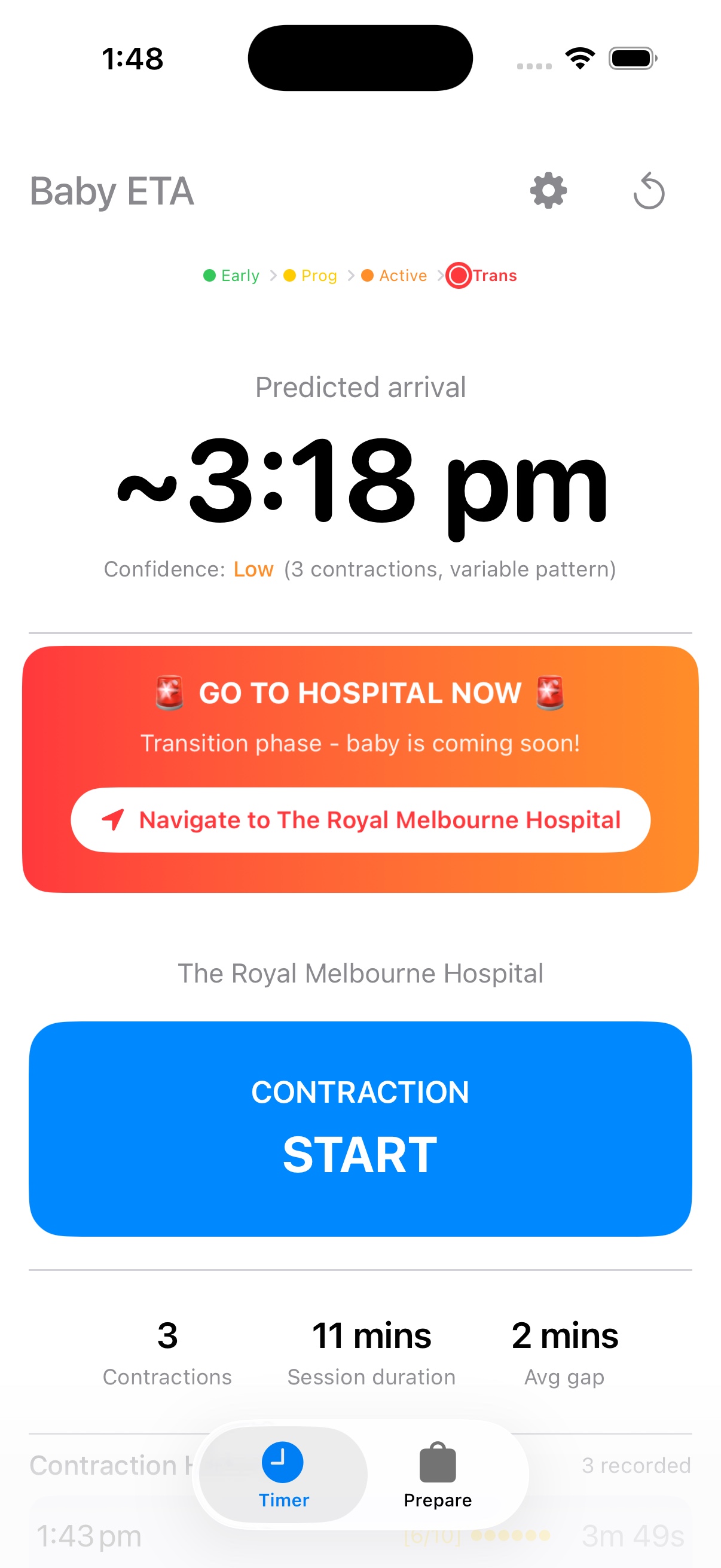 Baby ETA montrant l'alerte ALLEZ À L'HÔPITAL MAINTENANT avec l'heure d'arrivée prévue