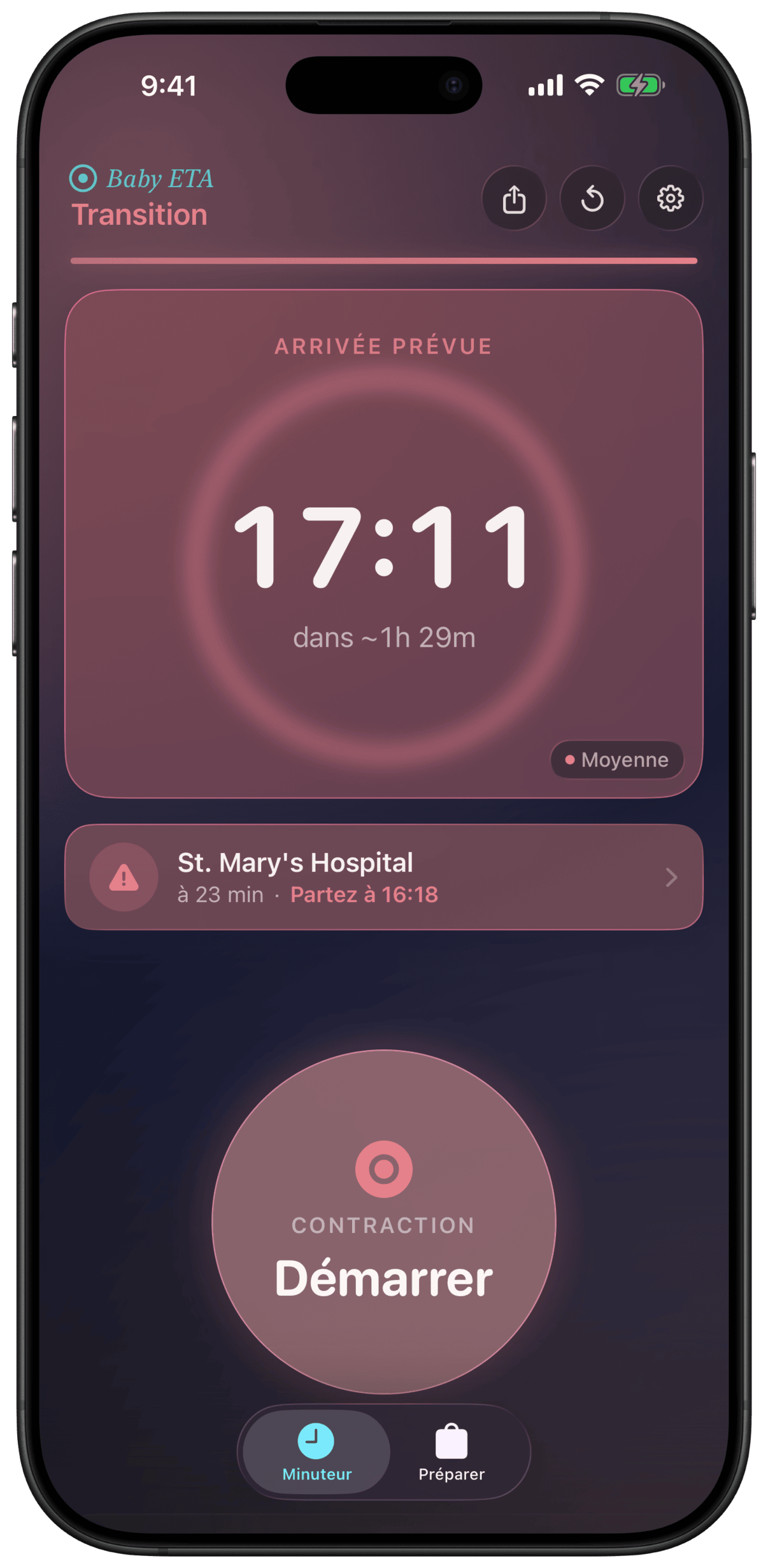 Baby ETA montrant l'alerte ALLEZ À L'HÔPITAL MAINTENANT avec l'heure d'arrivée prévue