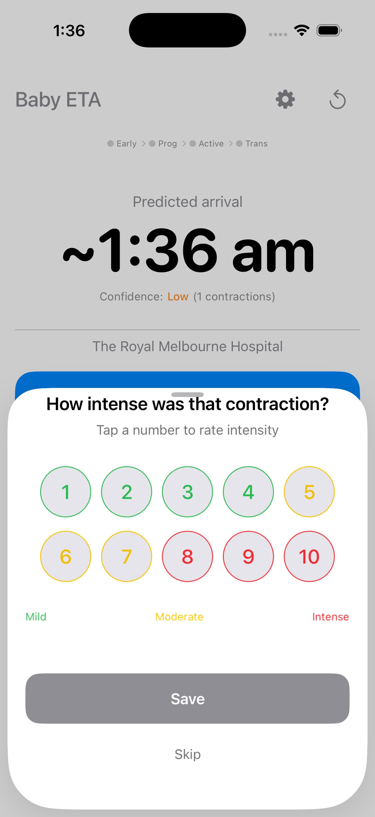Écran d'évaluation de l'intensité des contractions