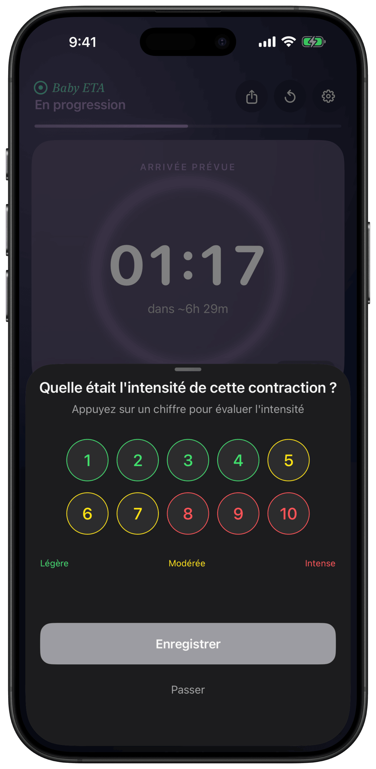 Écran d'évaluation de l'intensité des contractions