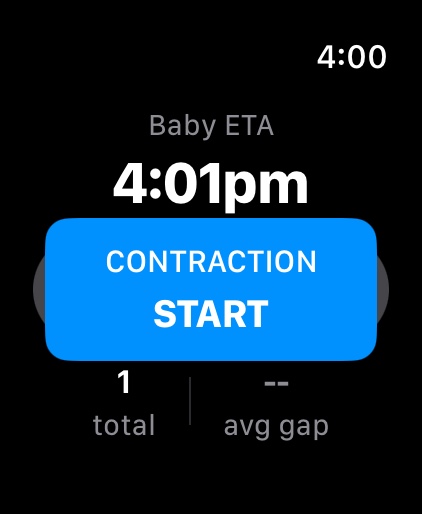 App do Apple Watch mostrando temporizador de contrações