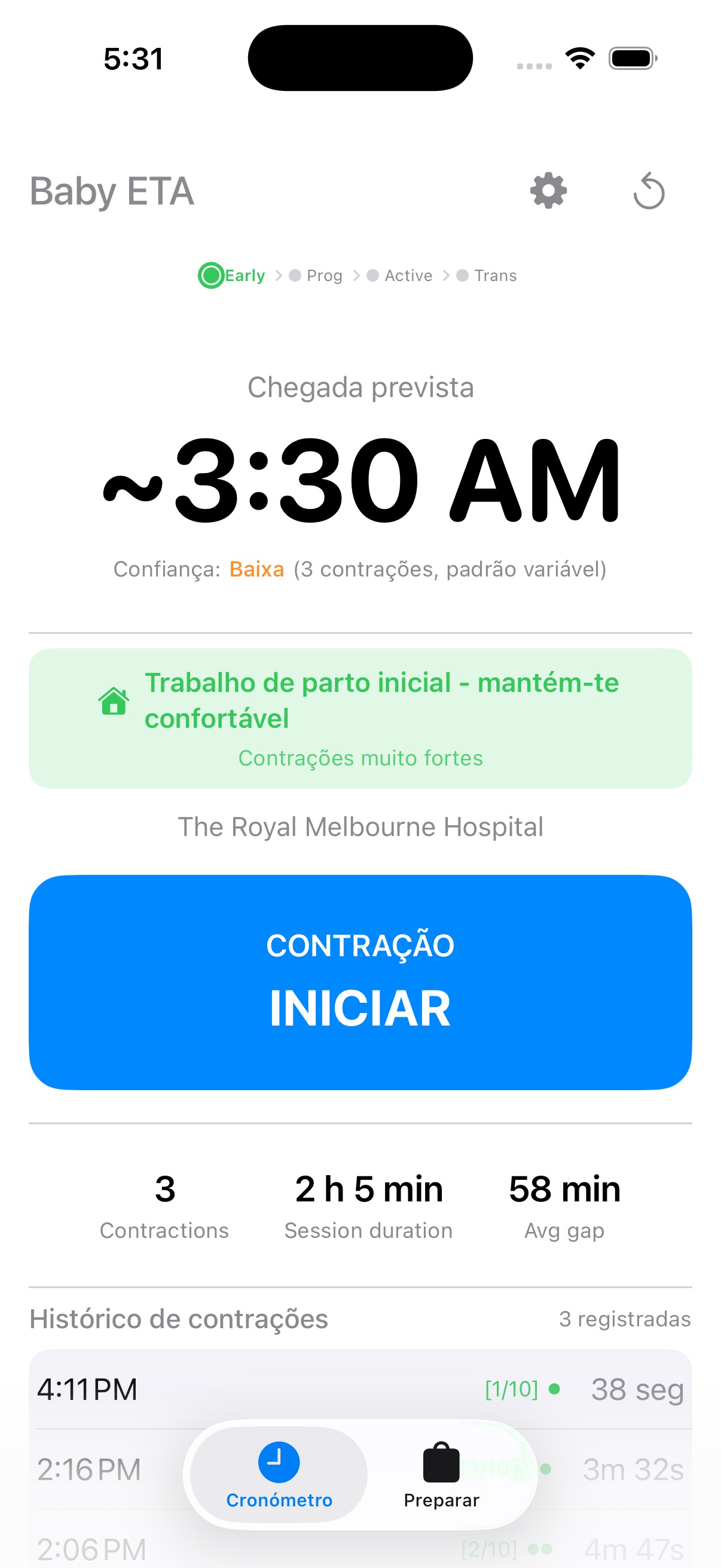 Fase inicial do trabalho de parto com primeira contração