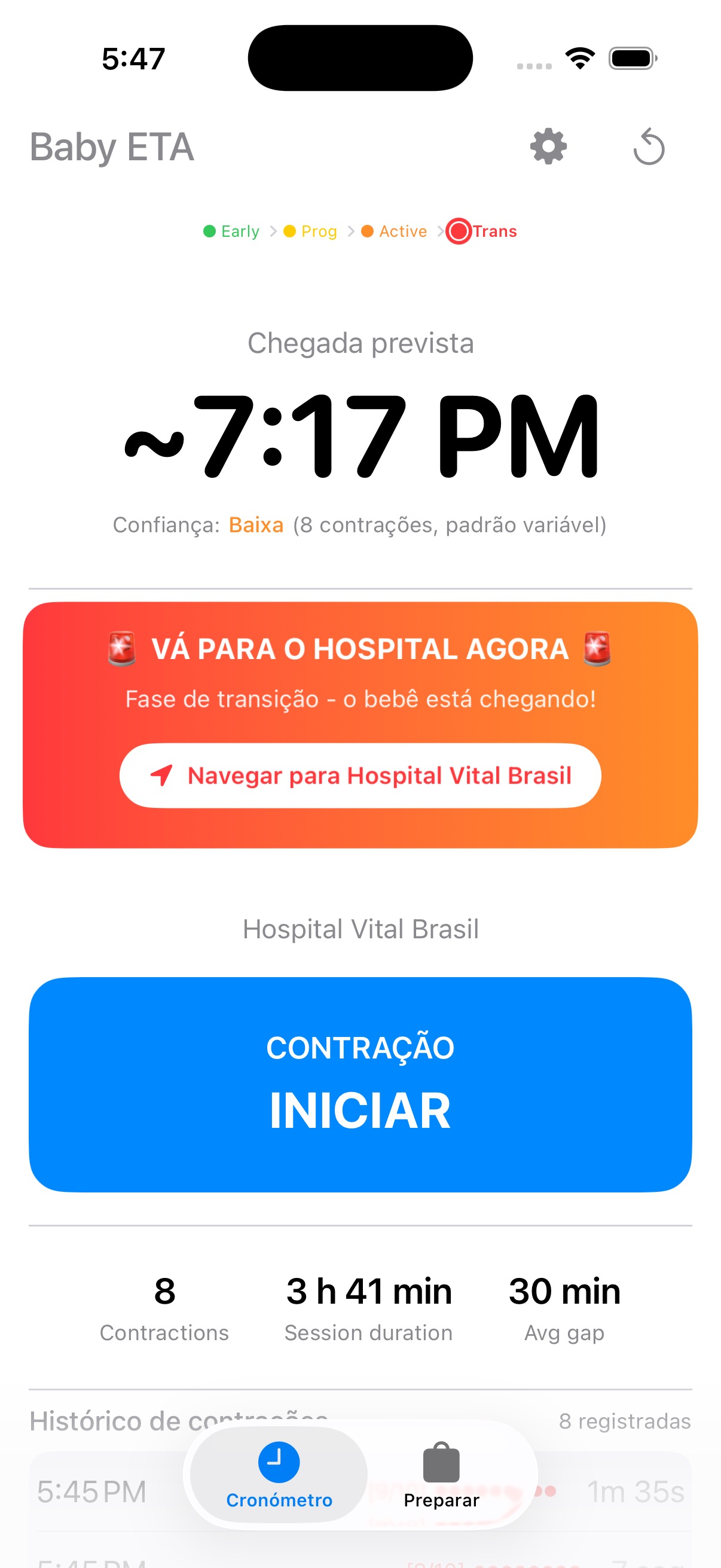 Baby ETA mostrando alerta VÁ AO HOSPITAL AGORA com horário previsto de chegada