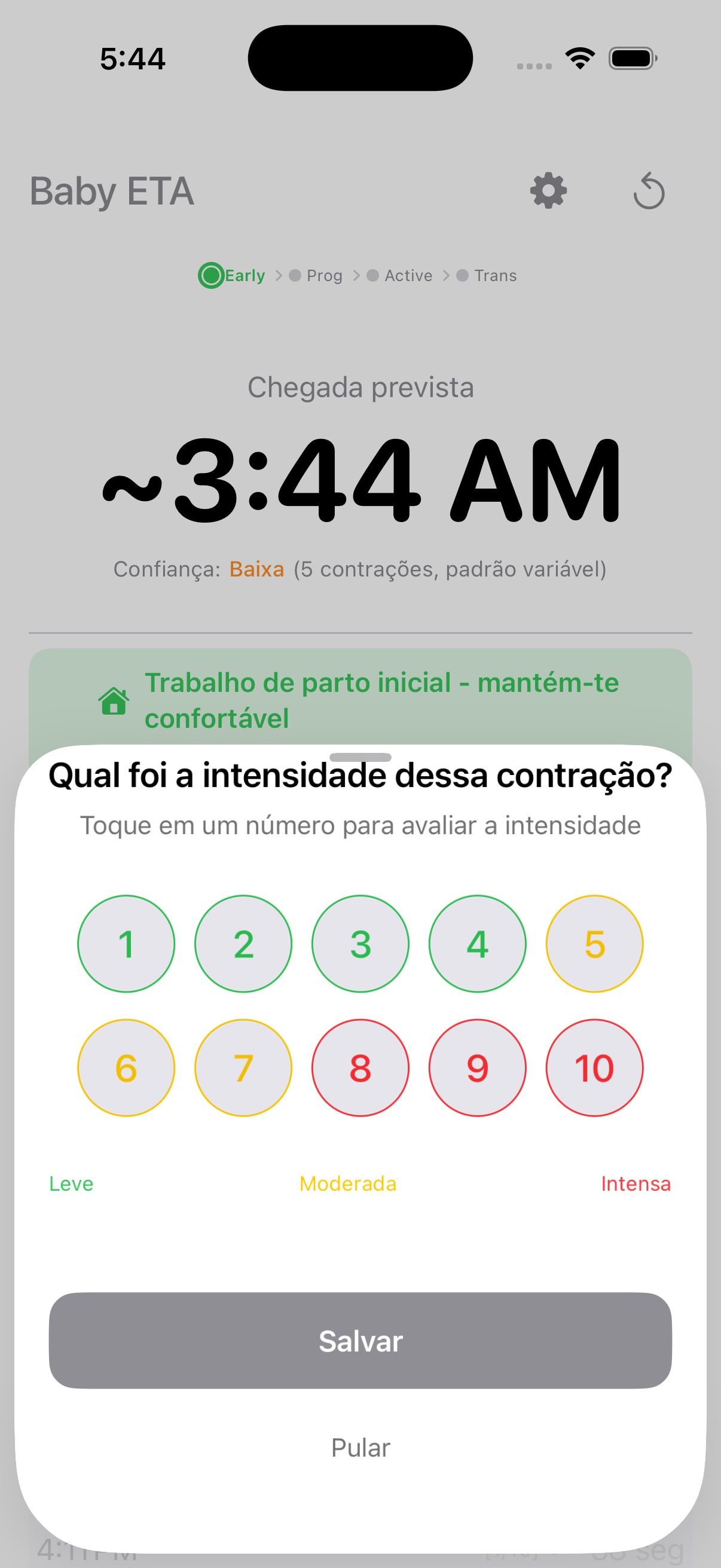 Tela de avaliação de intensidade de contração