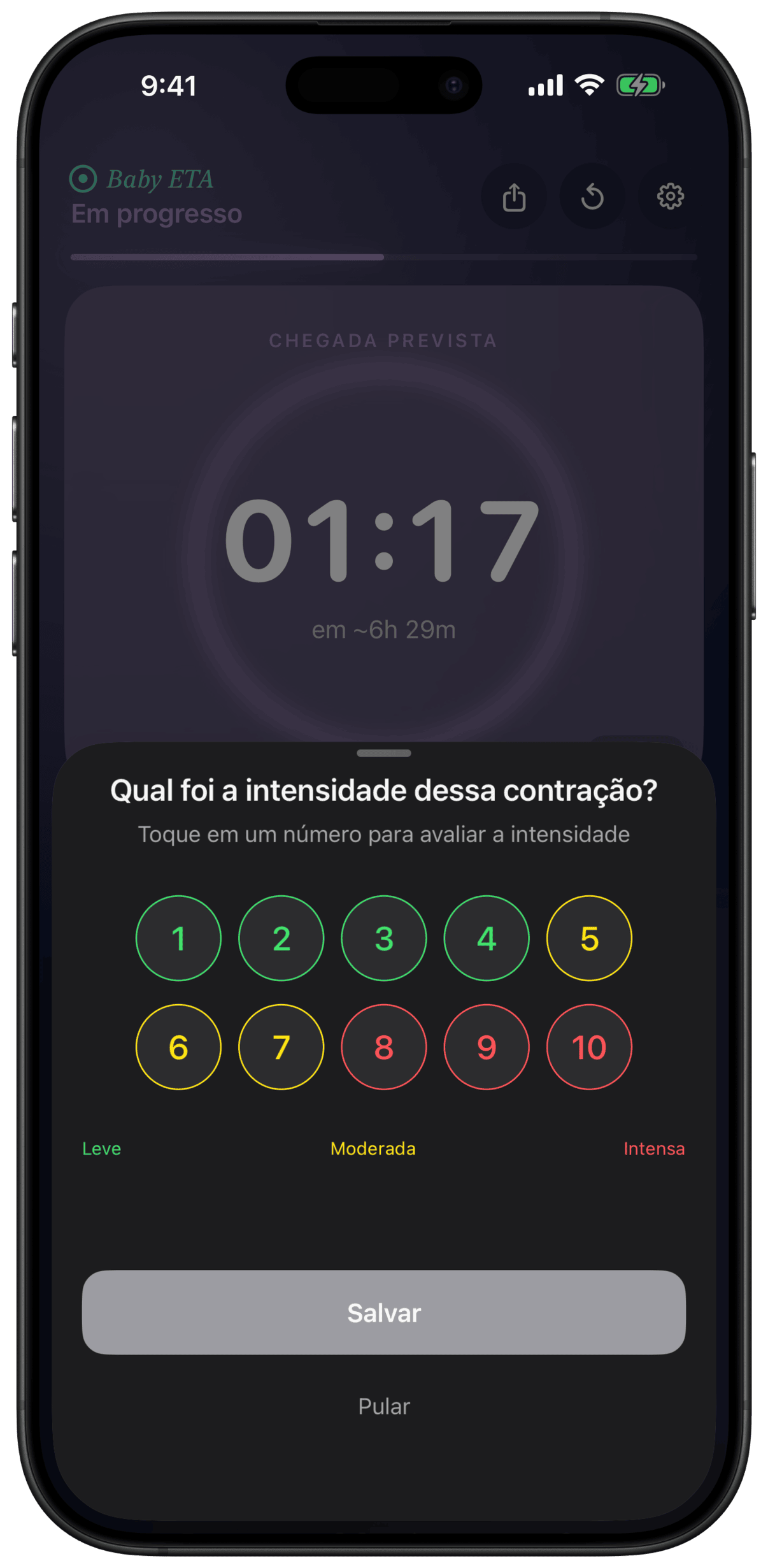 Tela de avaliação de intensidade de contração