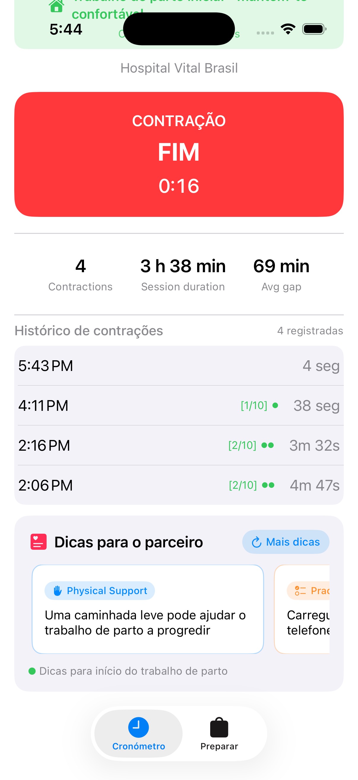 Baby ETA mostrando Dicas para o Acompanhante e histórico de contrações